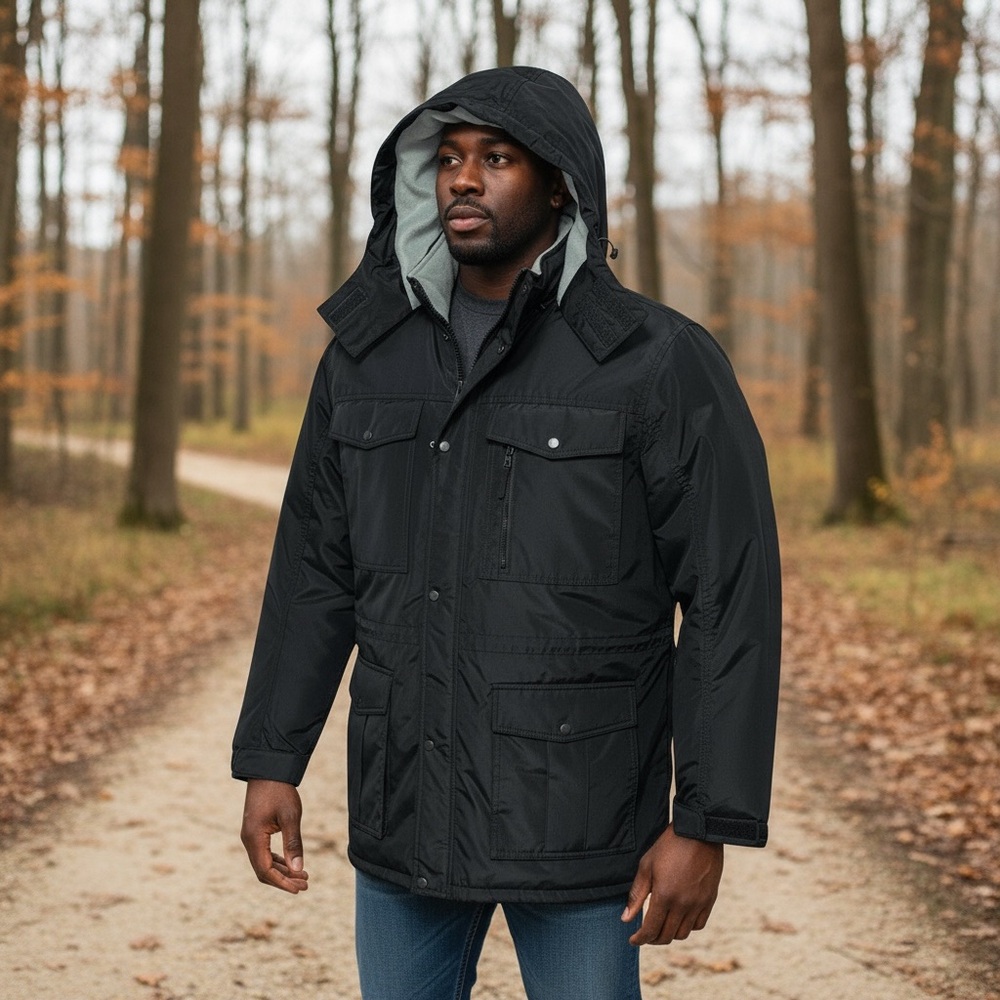 Men’s Black Winter Jacket with Fleece Lining and Zipper Removable Hood